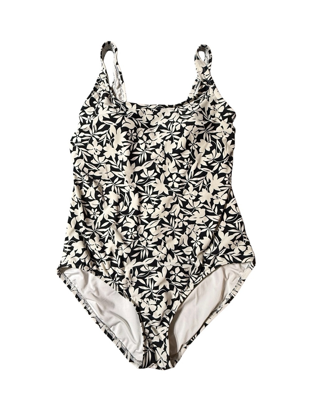 Lands End Black White Floral One Piece Swimsuit Size L 14/16 Scoop Neck Tank